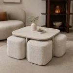 Table basse MARBELLA céramique Travertin avec poufs