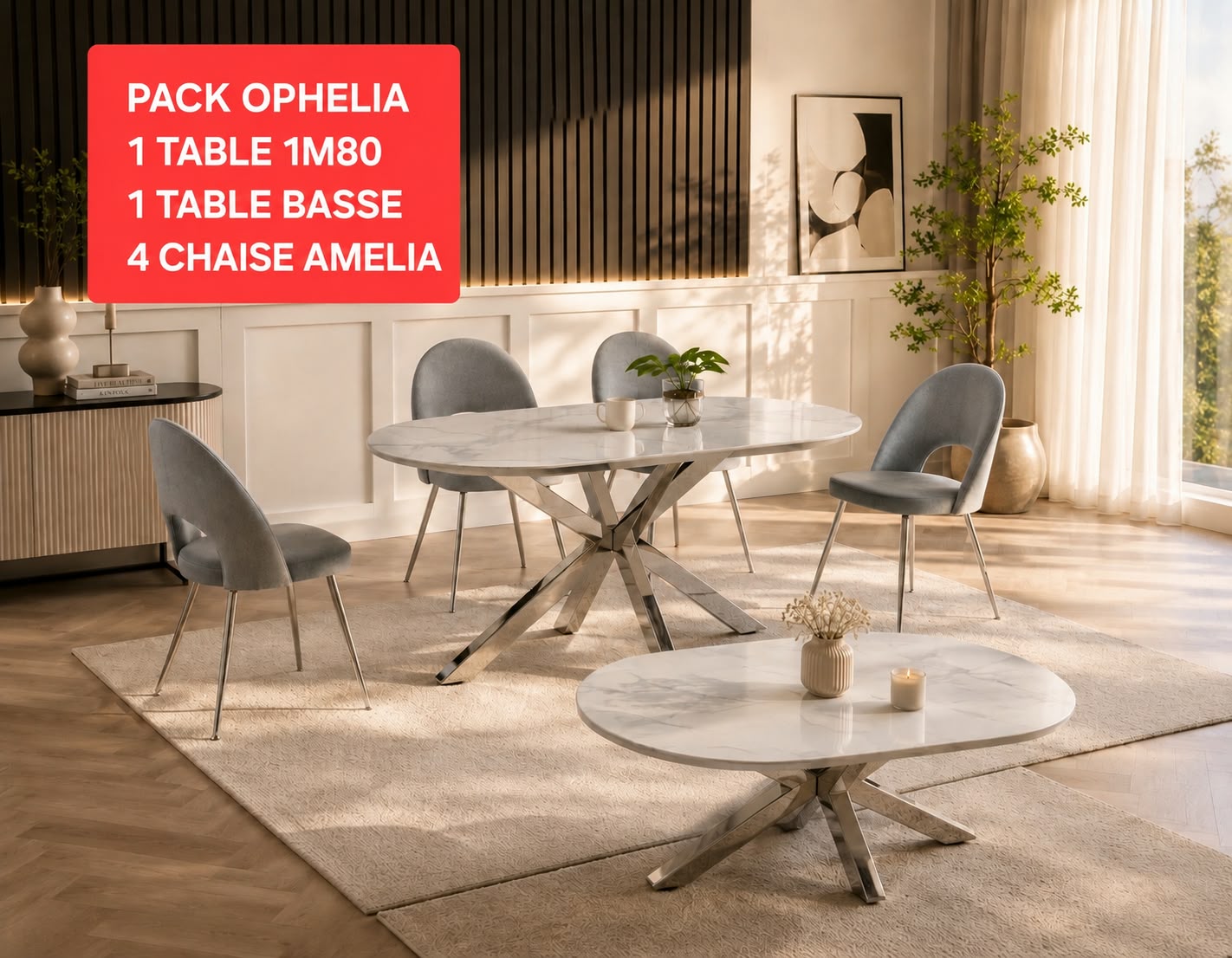 43a13483-3838-4703-b4db-5209bc774480.jpg Pack Séjour Ophelia – Table à Manger 1m80 Effet Marbre, Table Basse & 4 Chaises Amelia Grises - Image 1